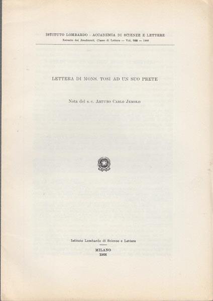 Lettera di mons. tosi ad un suo prete nota del s.c. arturo carlo jemolo - Arturo Carlo Jemolo - copertina