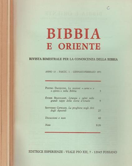 Bibbia e Oriente - Anno 13 - Fasc. 1 - 2 - 4/5 - 6 - 1971. Rivista bimestrale per la conoscenza della Bibbia - copertina