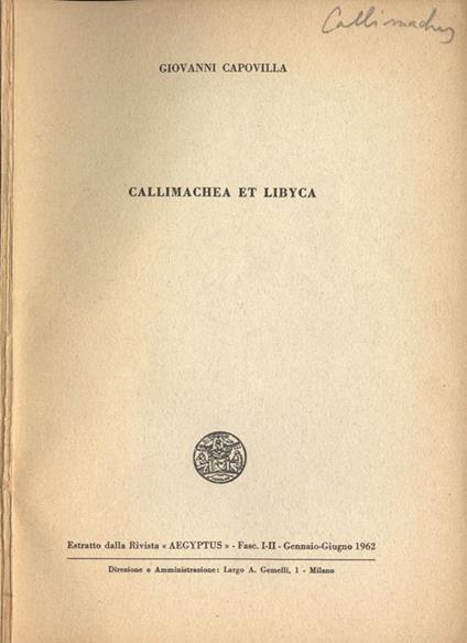 Callimachea et Libyca - Giovanni Capovilla - copertina
