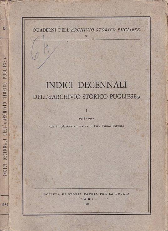 Indici decennali dell'"Archivio Storico Pugliese", vol - copertina