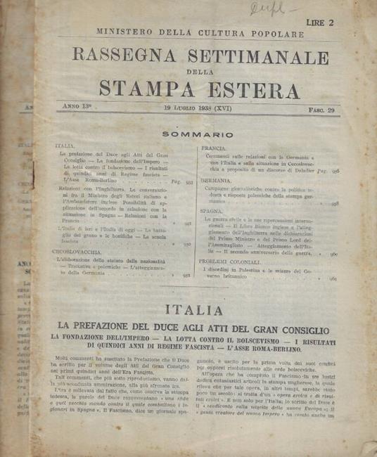 Rassegna settimanale della Stampa Estera fasc. 29-31 Anno 19 - copertina