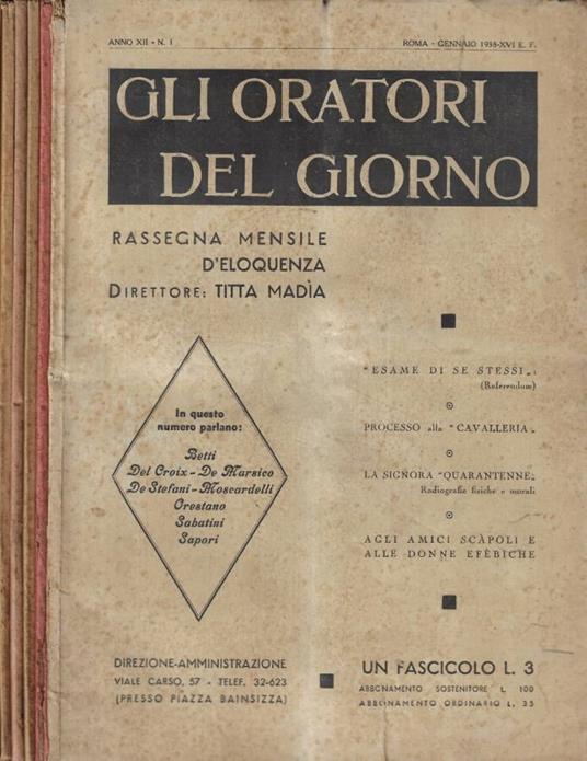 Gli oratori del giorno dal n. 1 al n. 6 Anno 1938 - copertina