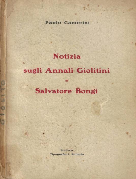 Notizia sugli Annali Giolitini di Salvatore Bongi - copertina