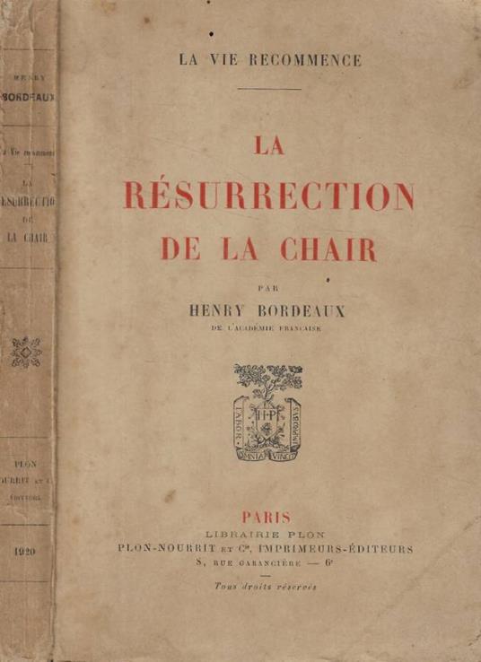 La Rèsurrection de la chair - Henry Bordeaux - copertina