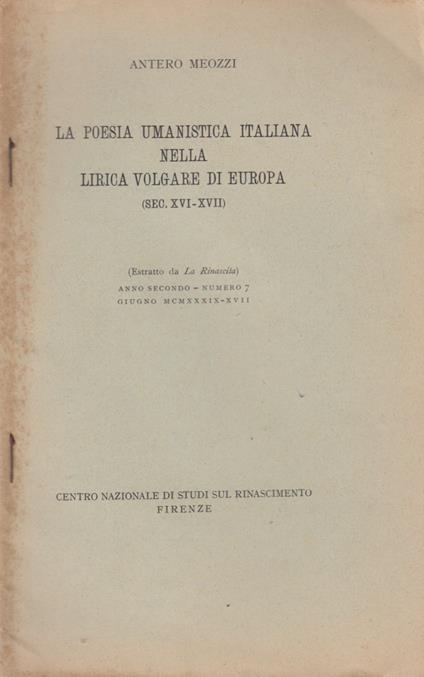 poesia umanistica italiana nella lirica volgare di Europa (Sec. XVI - XVII) - copertina