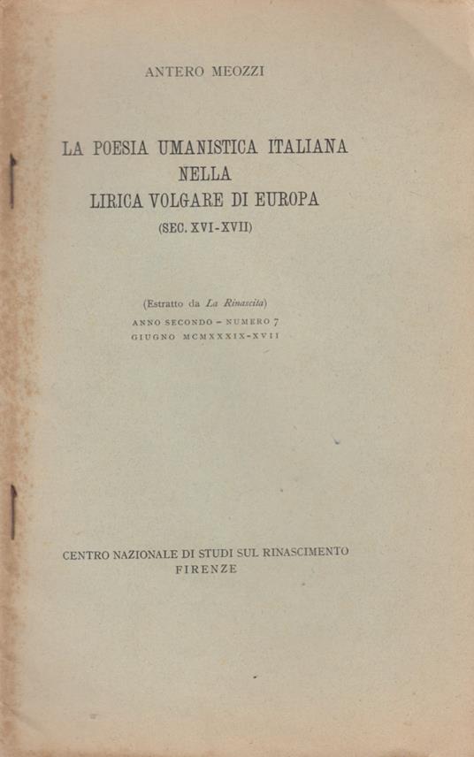 poesia umanistica italiana nella lirica volgare di Europa (Sec. XVI - XVII) - copertina