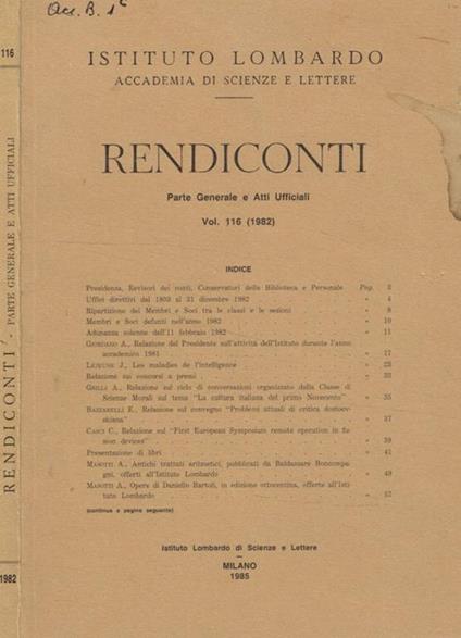 Istituto lombardo, accademia di scienze e lettere. Rendiconti. Parte generale e atti ufficiali. Vol.116 (1982) - copertina