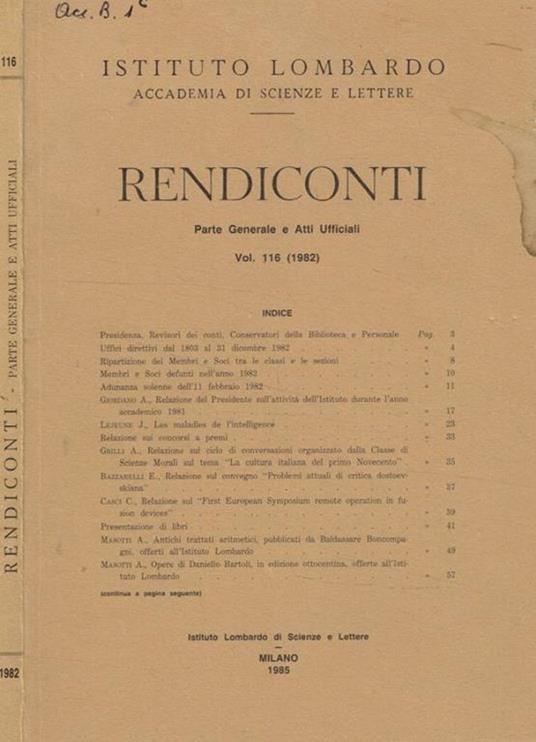 Istituto lombardo, accademia di scienze e lettere. Rendiconti. Parte generale e atti ufficiali. Vol.116 (1982) - copertina