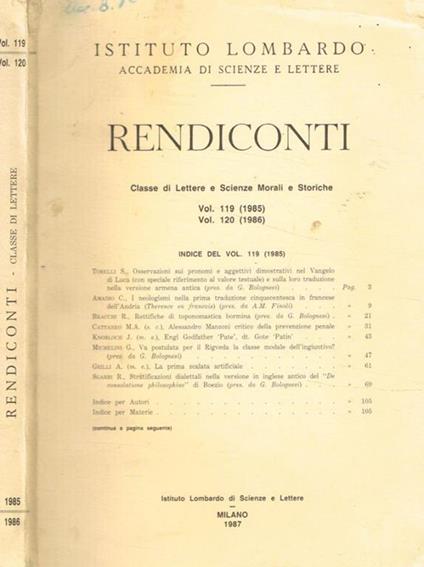 Istituto lombardo. Accademia di scienze e lettere. Rendiconti. Classe di lettere e scienze morali e storiche. Vol.119 (1985). Vol. 120 (1986) - copertina