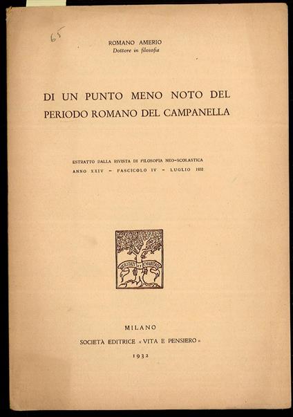 Di un punto meno noto del periodo romano del Campanella - Romano Amerio - copertina