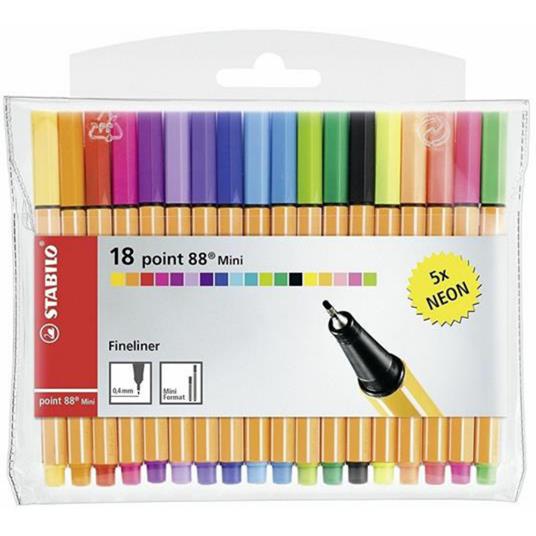 Fineliner - STABILO point 88 Mini - Astuccio con 18 colori assortiti (13 base + 5 Neon)