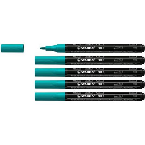 Marker acrilico - STABILO FREE Acrylic - T100 Punta rotonda 1-2mm - Confezione da 5 - Verde Pino