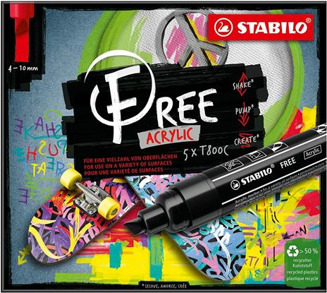 Marker acrilico - STABILO FREE Acrylic - T800C Punta a scalpello 4-10mm - Confezione da 5 - Verde chiaro - 6