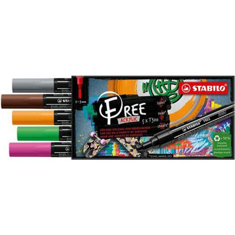 Marker acrilico- STABILO FREE Acrylic - T300 Punta rotonda 2-3mm - Vintage Edition - Astuccio da 5 - Colori assortiti