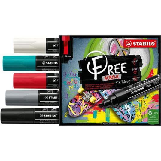 Marker acrilico - STABILO FREE Acrylic - T800C Punta a scalpello 4-10mm - Bold Edition - Astuccio da 5 - Colori assortiti