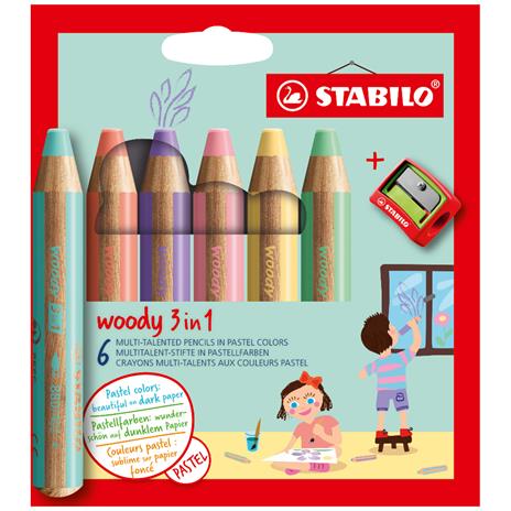 Matita colorata Multi-Funzione - STABILO woody 3 in 1 - Astuccio da 6 - con Temperino - Colori Pastello assortiti