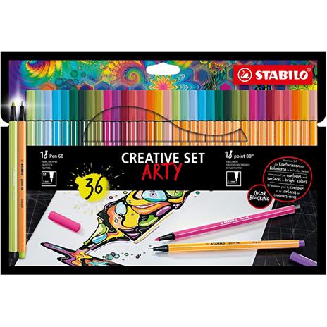 Creative Set STABILO ARTY STABILO point 88 & Pen 68 Astuccio da 36 Colori 17 fineliner point 88, 19 pennarelli Pen 68