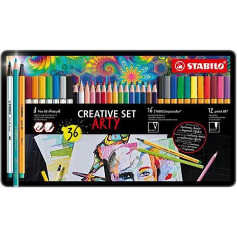 Creative Set STABILO ARTY STABILO point 88, Pen 68 brush & aquacolor Scatola in metallo da 36 12 fineliner point 88