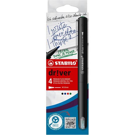 Fineliner Premium - STABILO dr!ver - Tratto Medio (0,8 mm) - Astuccio da 4 - Verde, Rosso, Blu, Nero