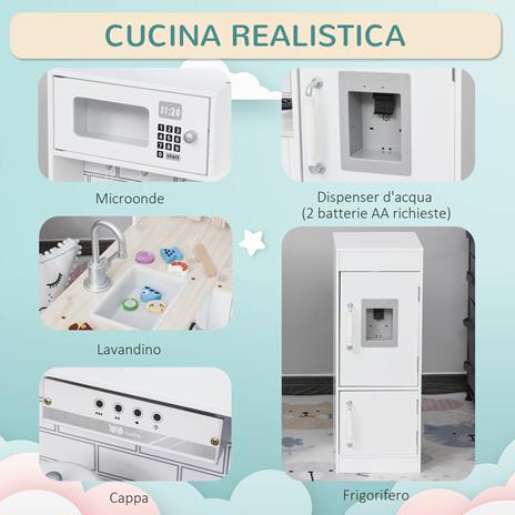 HOMCOM Cucina Giocattolo per Bambini in Legno Età 3+ - Bianco - 3